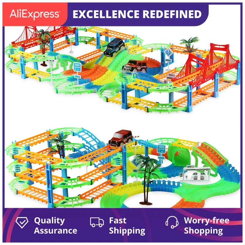 

Набор железнодорожных дорожек «сделай сам» 2 в 1, гибкая змеевидная технология, трек со светодиодсветильник кой, гоночный автомобиль, игрушк...