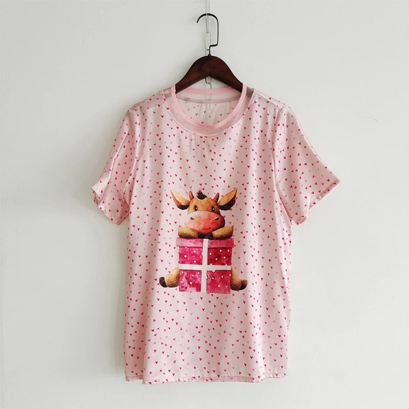 

Женские футболки из 100% шелка, летние розовые и черные рубашки высокого качества с принтом сердца и животных, 2021