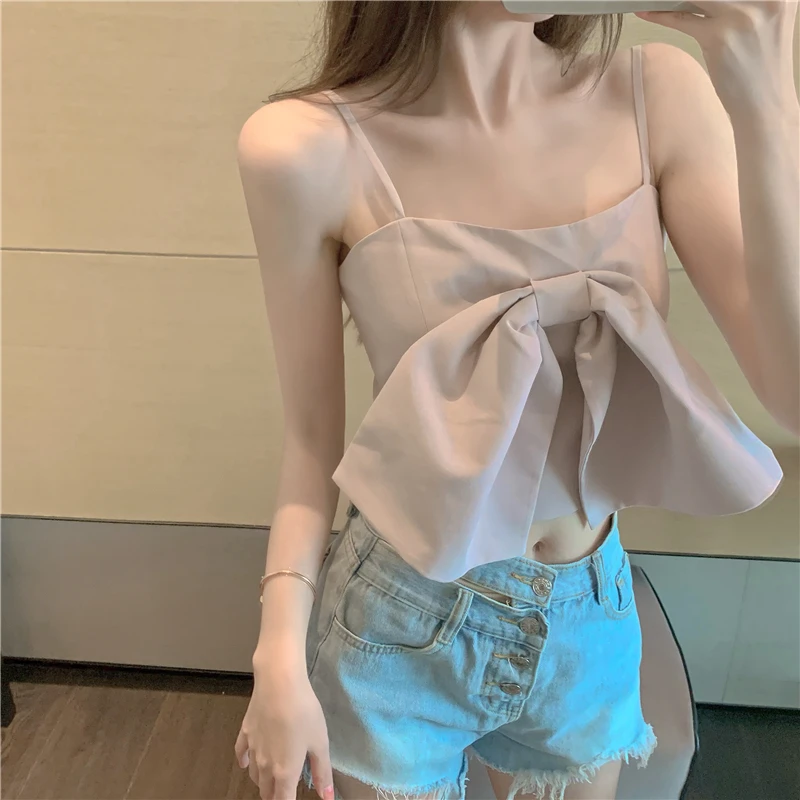 Camiseta interior con lazo para mujer, Top sexy con diseño de verano, color gris y rosa