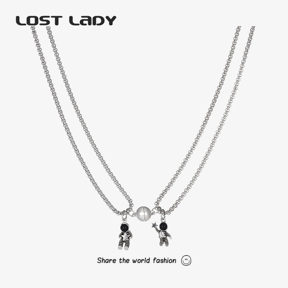 Lost Lady 2Pcs Couple Pendant Necklace Matching Friendship Spaceman Astronaut Magnetic Distance Necklace Valentine's Day Jewelry