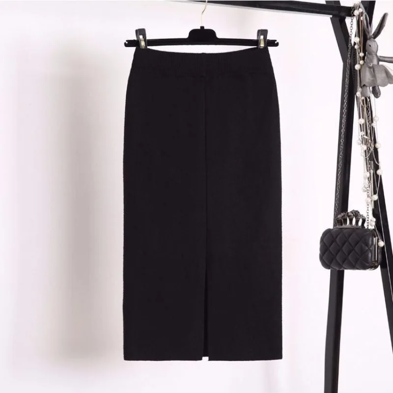 Осенне зимняя шерстяная вязаная юбка с высокой талией и разрезом Женская