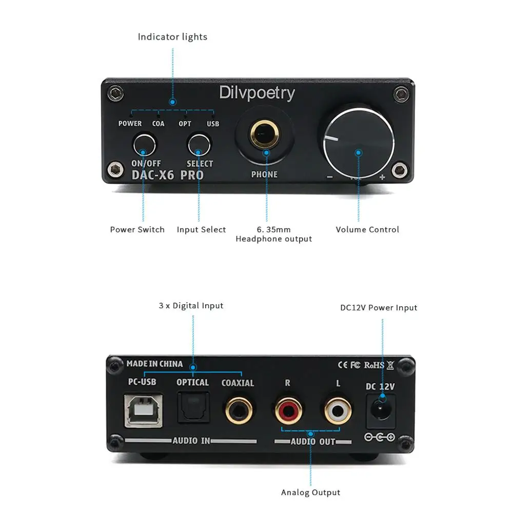 Dilvpoetry DAC-X6 PRO USB DAC наушники усилитель аудио Hifi CS4398 усилитель мощности наушников гарнитура RCA оптический усилитель для наушников