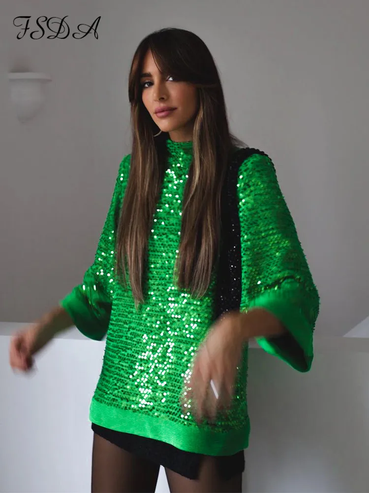 Модная зеленая блузка с блестками и круглым вырезом FSDA 2021 женские рубашки Y2K