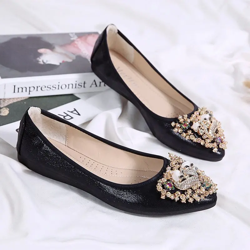 

Shoes Woman Flats Crystal Soft Shallow Mouth Casual Female Sneakers Pointed Toe Dress Moccasin Rhinestone New Summer Leisure Bas