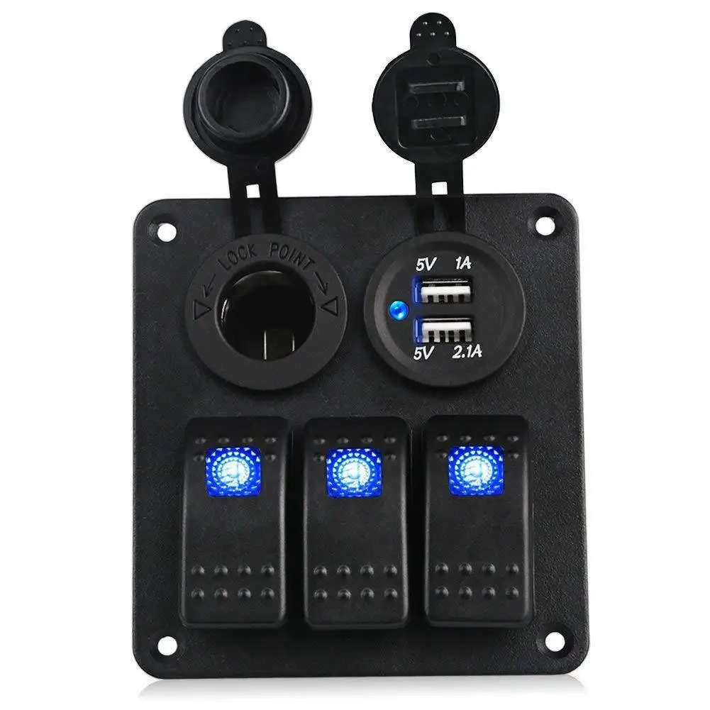 

3 Gang 12V Waterproof Car Boat Switch Panel 3.1A Dual USB Wiring Kits and Decal Sticker Labels DC12V 24V for Marine Boat Car