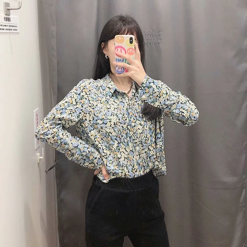 

Autumn Womwn New Classical Lohng sleeve Lapel Female Printing Short Shirt