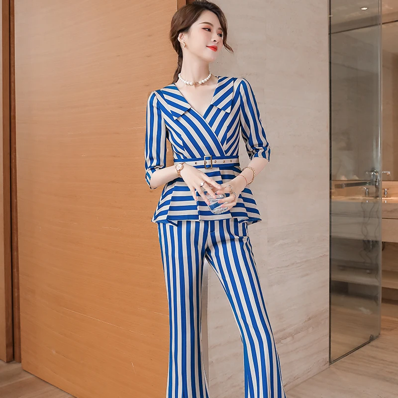 Новинка полосатые деловые костюмы униформы для женщин Деловые интервью в