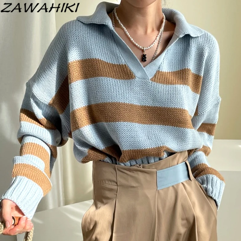 

Осенние женские вязаные свитера zawхиты в ленивом стиле с отложным воротником, Свободные повседневные универсальные свитера с длинным рукав...