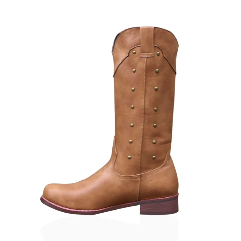

Western Boots Cowboy Boots Women Shoes Spring Autumn Chunky Heel Rivet Pu Leather Boots Fashion Round Toe Ladies Shoes