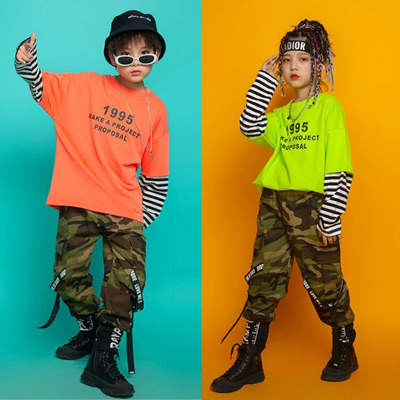 

Детская Одежда для танцев в стиле хип-хоп, свободная толстовка, камуфляжные брюки-карго для девочек, костюм для выступлений, концертов, джаз...