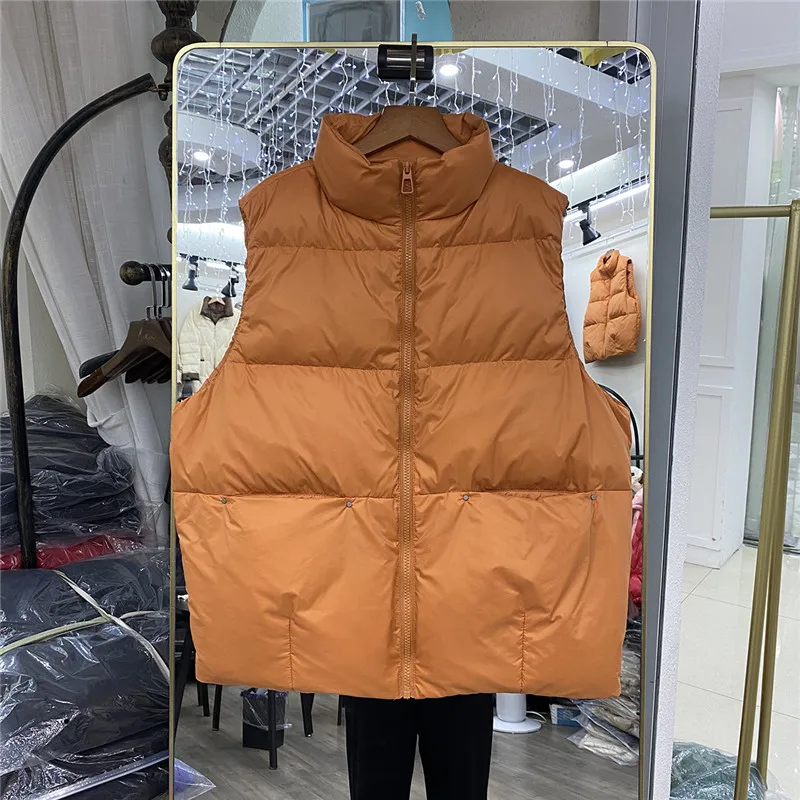 

Women Stand Collar Lightweight White Duck Down Vest Casual Casaco Feminino Winter Beige Khaki Short Down Waistcoat Manteau Femme