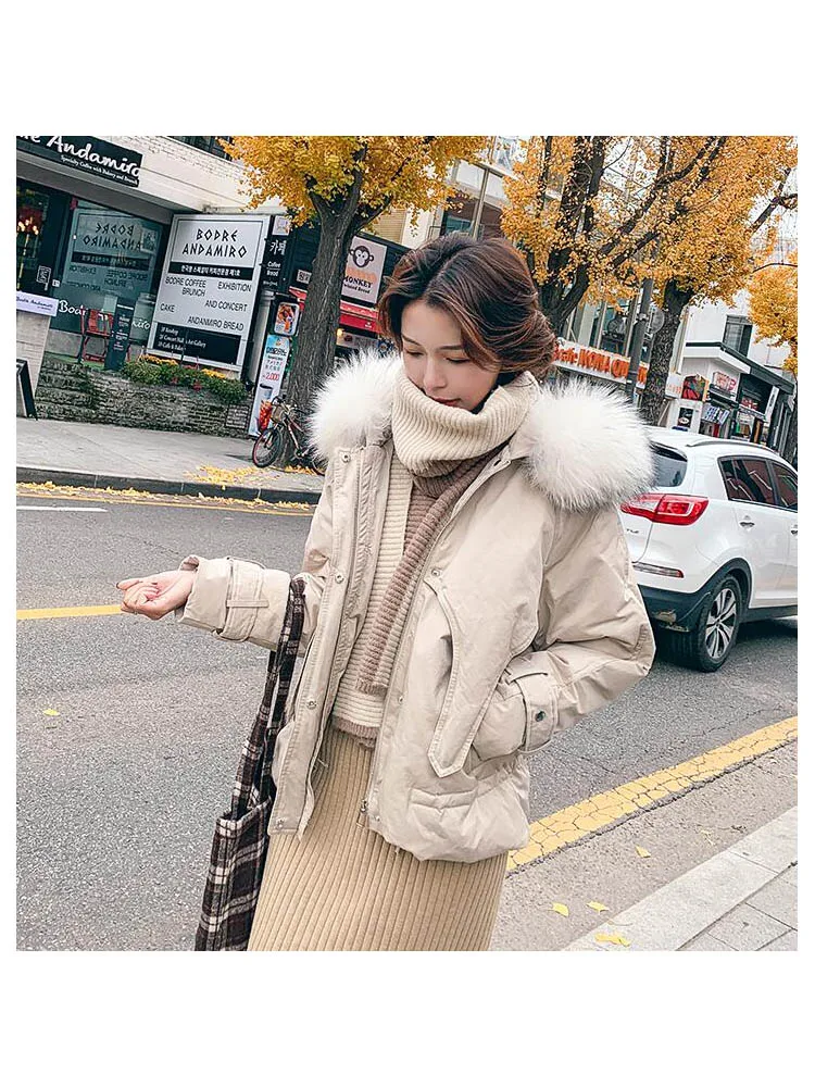Женская куртка на 90% белом утином пуху теплая свободная парка с большим капюшоном