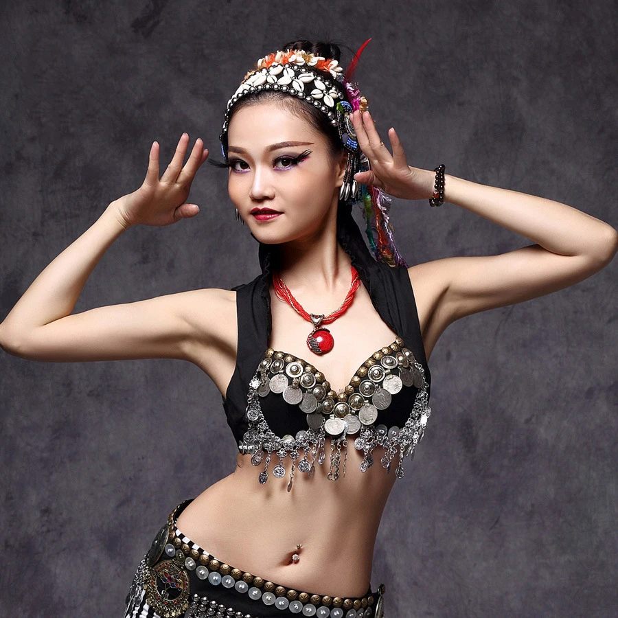 

New 2018 ATS Belly Dance Clothes Tops Metallic Studs Push Up Beads Gypsy Bra B/C CUP Vintage Coins Top Tribal Belly Dance Bra