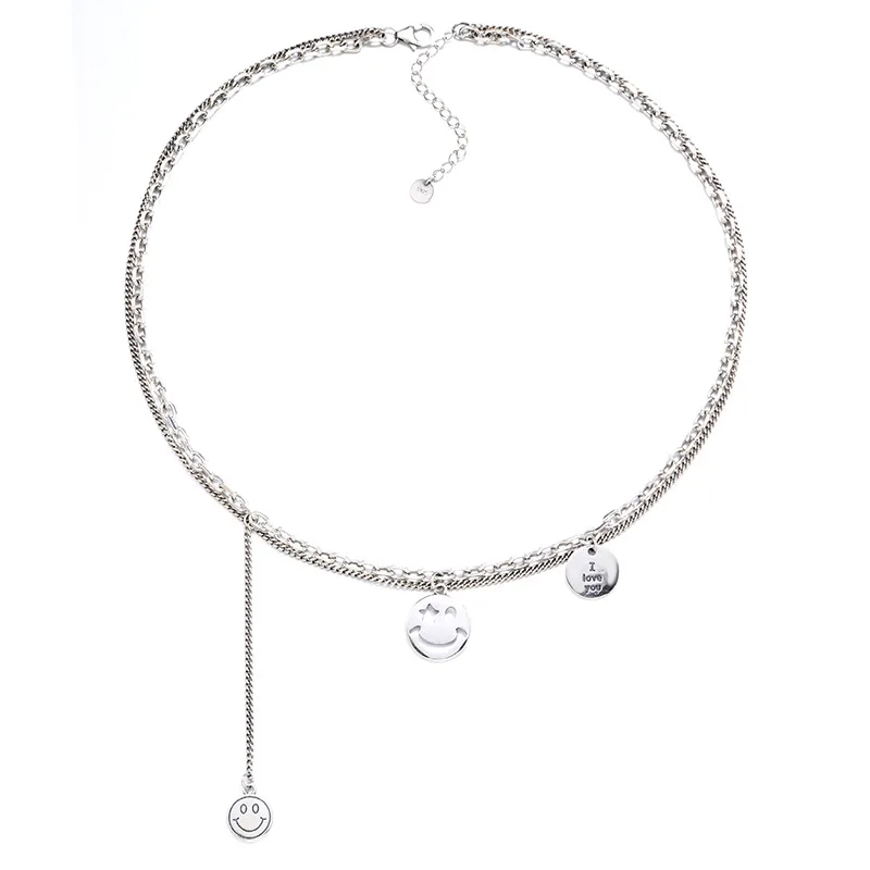 

Smiling face silver necklace female 925 sterling silver pendant ins contracted joker multilayer personality long sweater chain