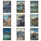 Железная ретро-табличка с японским ландшафтом, украшение для дома, металлическая пластина, листья растений, Оловянная табличка, настенный металлический постер с изображением горы Фудзи