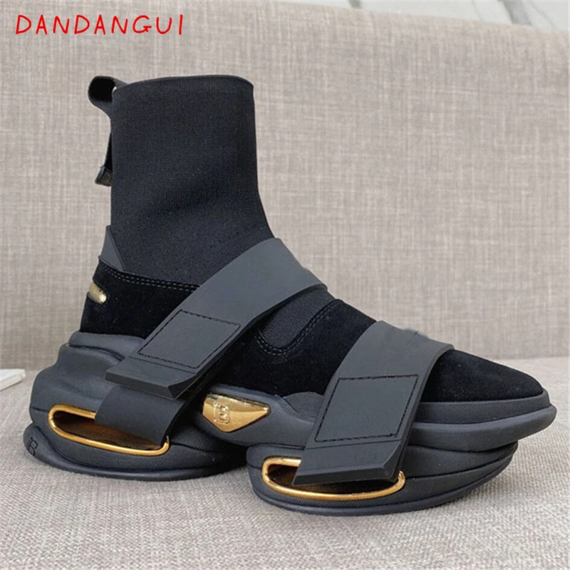 

Elastic Knitted Air Cushion Platform Casual Women Socks Boots High Top Velcro Luxury Men's Sneakers Fashion Couple Unisex Shoes