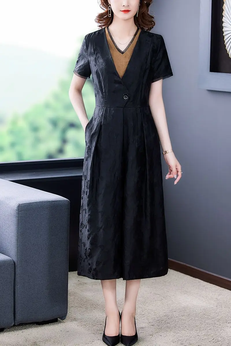 

COIGARSAM Women Dress Summer 2021 New Casual Cheongsam Short Sleeve V-Neck Black Dresses Traf Vestidos Robe