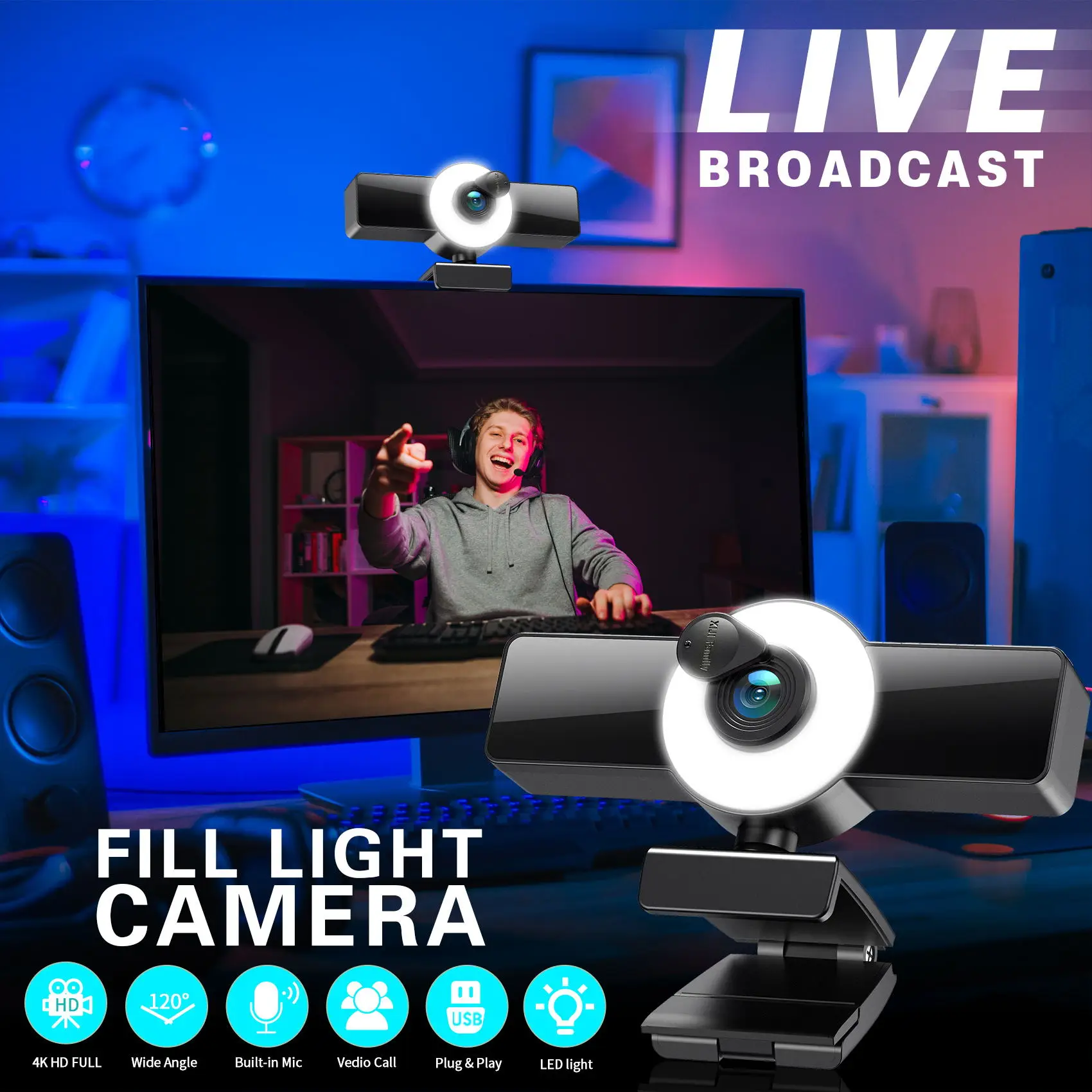 

4K Webcam For PC Web Camera With 3 Color LED Fill Light Web Cam Microphone Full HD Camera Work Video Calling Youtuber Live