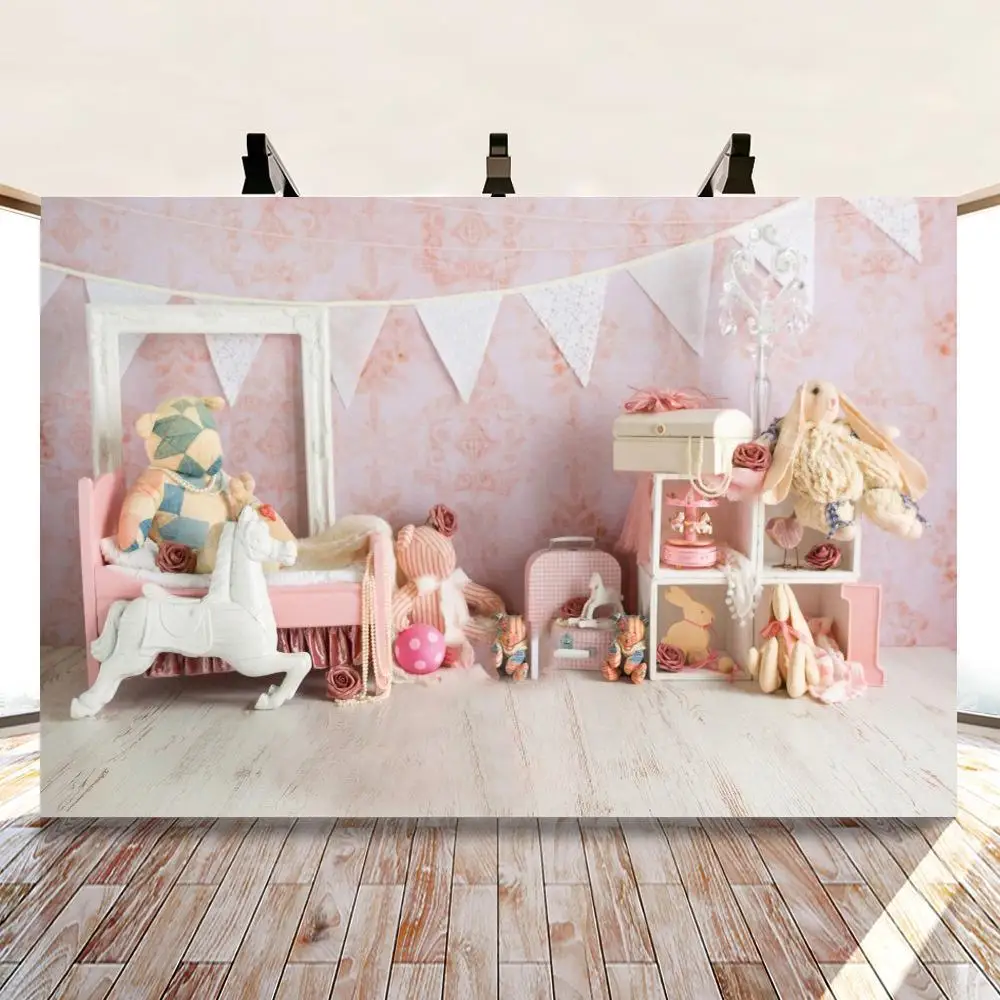 

Pink Princess Girl Backdrops Wooden Horse Plush Toys Indoor Decoration Background For Photo Studio Props Photoshoot Vinyl