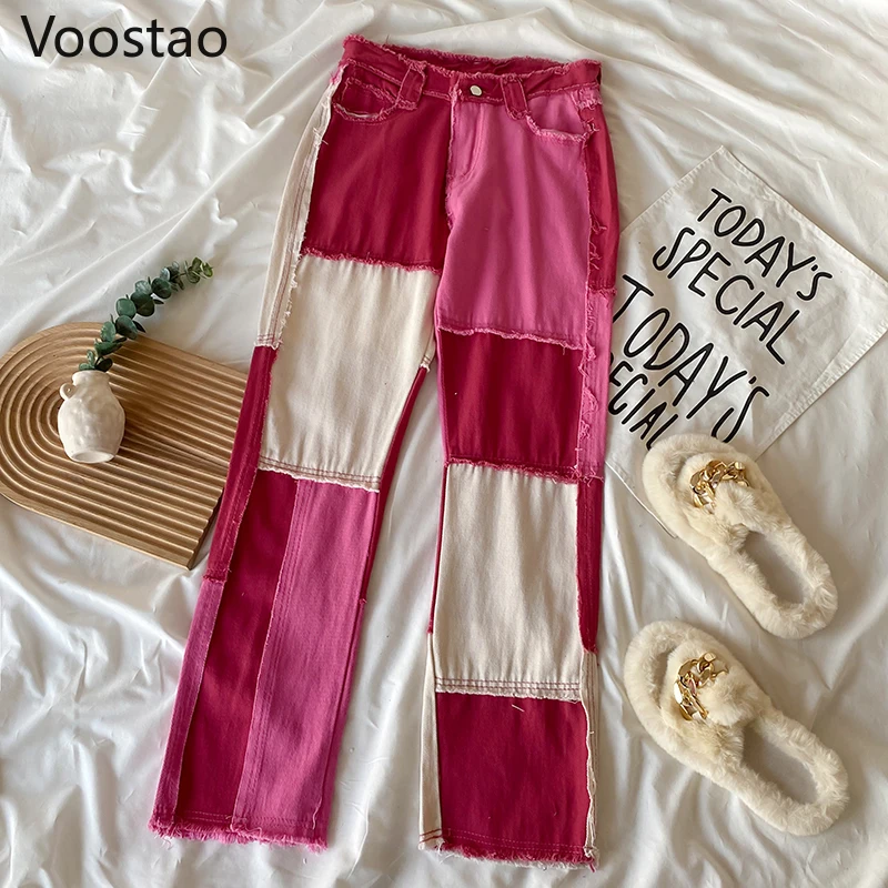 

Fashion High Waist Jeans Women Vintage Chic Patchwork Color Straight Denim Pants Female Streetwear Casual Hip Hop Y2K Trousers