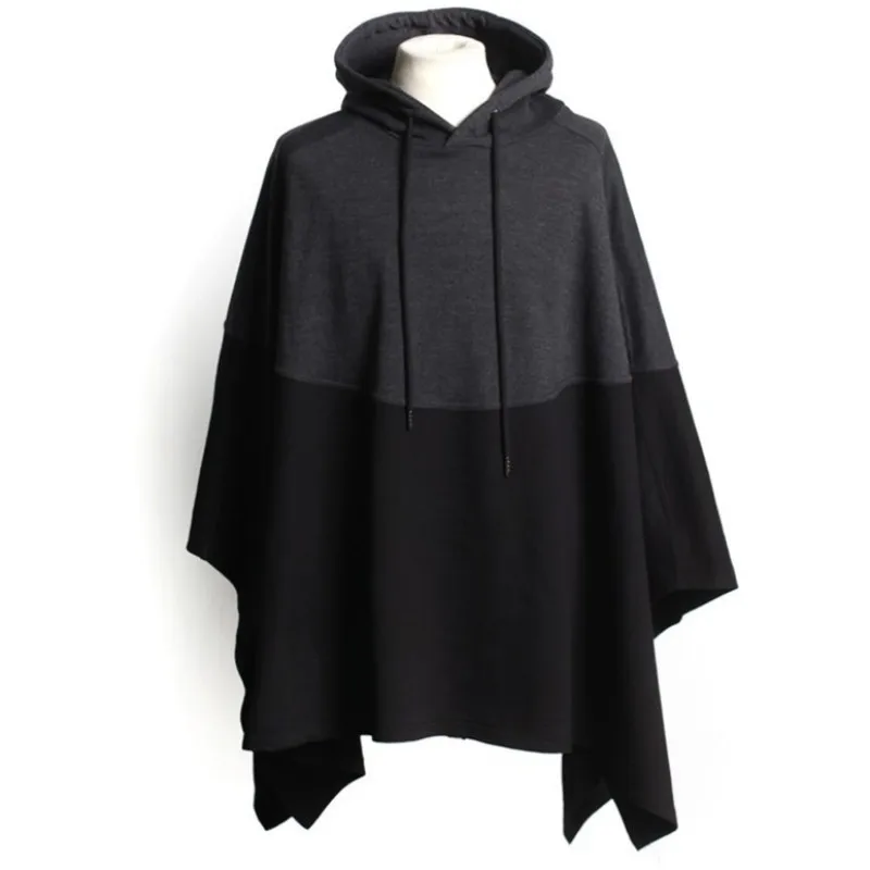 Hot Sale Mens Hooded Cape Mantle Clothing Patchwork Hip Hop Rocker Stage Homme Tops Black Loose Harajuku Moletom