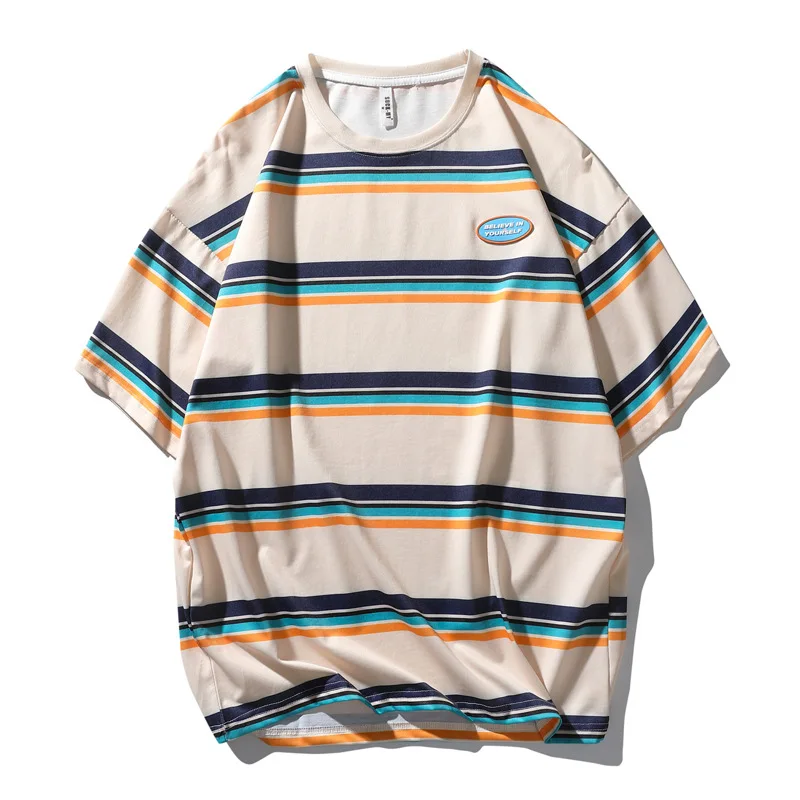 

Men's Clothing Loose Striped T-shirt 2021 New Short Sleeve Street Casual Short Sleeve round Neck Pullover T-shirt Top