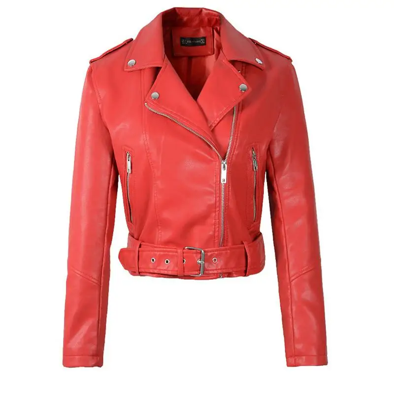 

Women Faux Soft Leather Short Jacket Rivet Epaulet Zipper Pu Motorcycle Basic Jackets Female Red Black Outerwear With Belt
