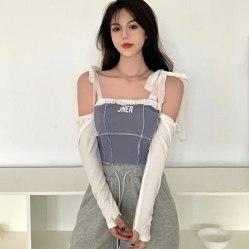 

Women's Slash Neck Patchwork Navel Exposed Long-sleeved Knit T-shirt Tops