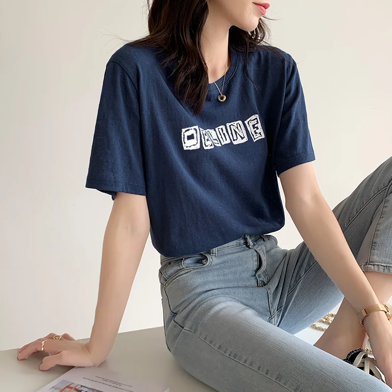 

Make firm offers printed letters female in 2021 the new summer round collar short sleeve T-shirt loose cotton base coat
