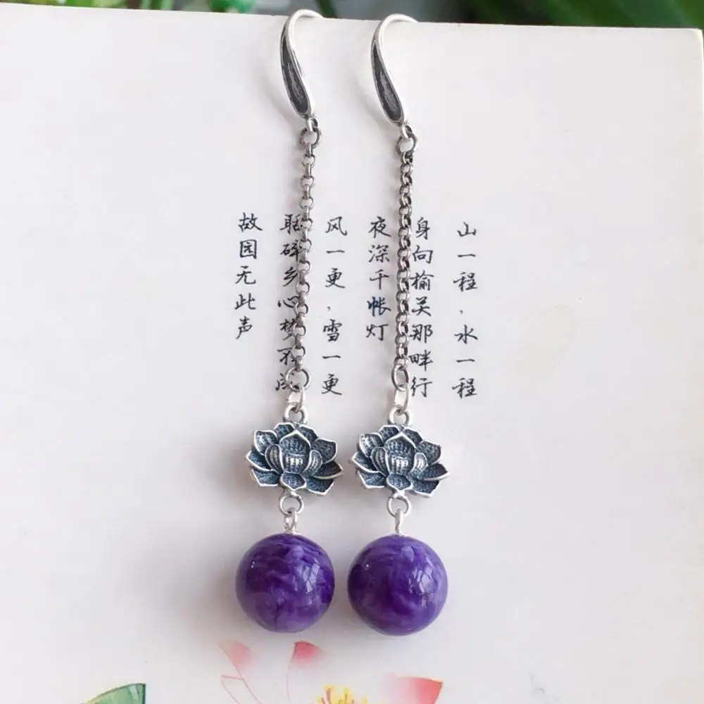 Женские серьги подвески ручной работы натуральный Чароит 925