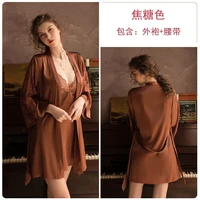 womens european and american new style pajamas satin long sleeved lace robe and robe home service