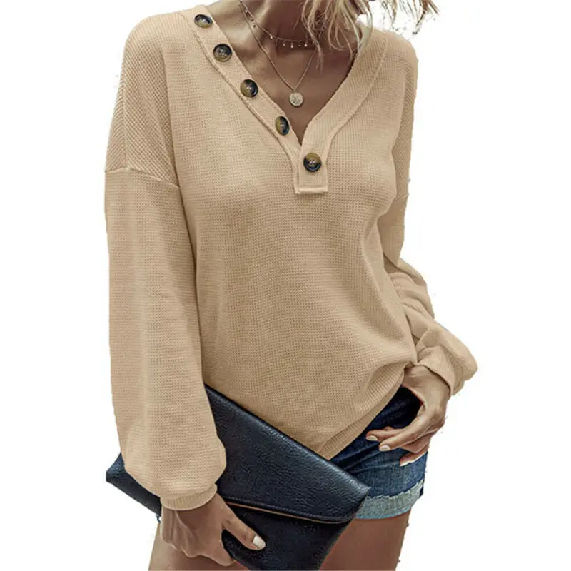 

Women Long Sleeve Solid Button V-Neck Basic T-Shirt Casual Loose Fit Blouse Tops