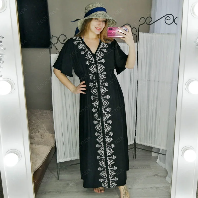 

2021 Elegant Embroidered Black Cotton Tunic Women Beachwear Kaftan Sexy V-Neck Butterfly Sleeve Summer Dress Beach CoverUp Q1042