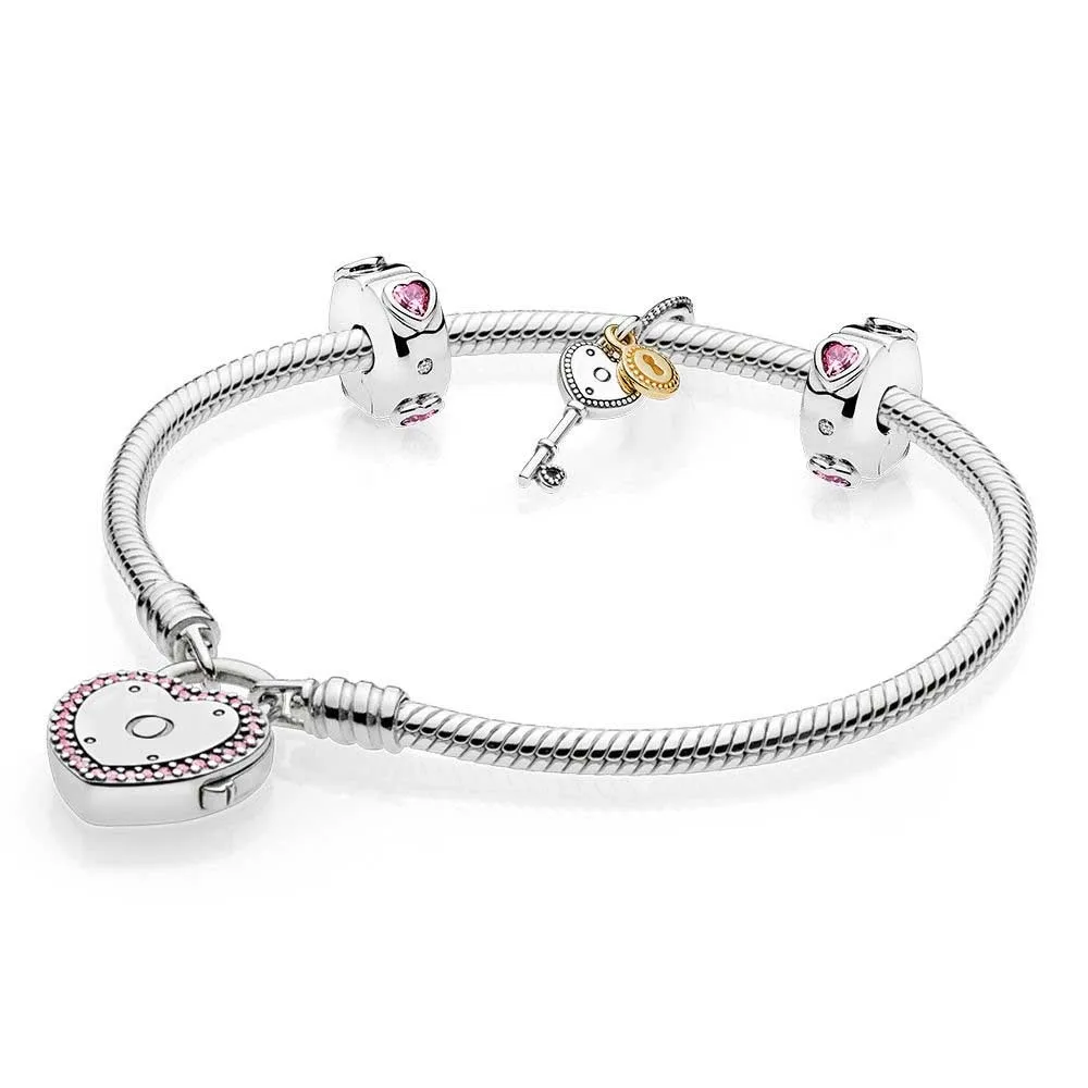 

Original 925 Sterling Silver Lock Your Promise Snake Chainpan Bracelet Bangle Fit Women Bead Charm Europe Jewelry