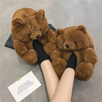 2021 winter cartoon warm teddy bear slippers cute bear cotton drag women thicken soft cute bag heel home shoes carpet drag