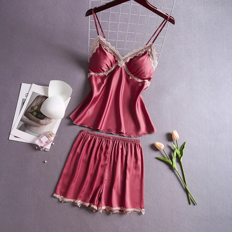 

Silk Pajamas For Women With Shorts Sexy Lingerie Lace Trimmed Cami Set 2-Piece Summer Satin Pajamas Set Nighty Sleepwe