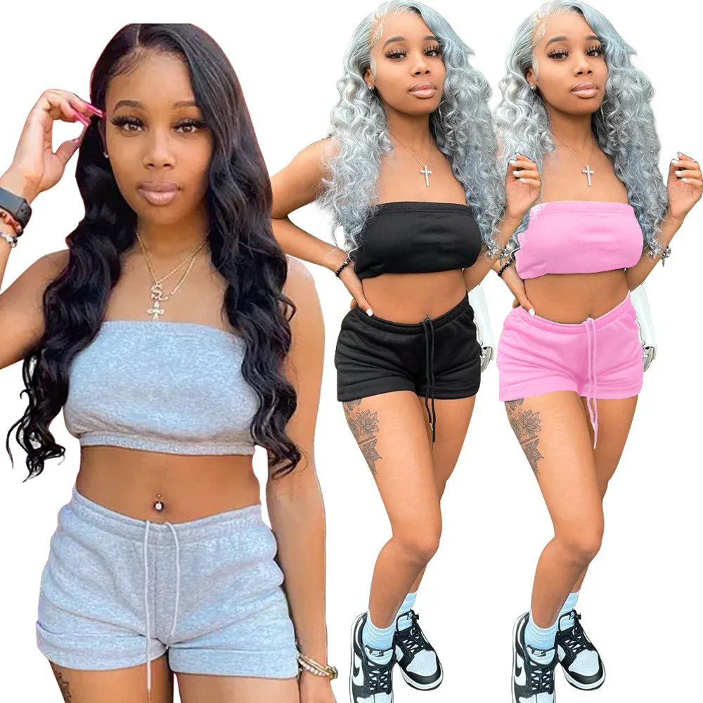 

Off The Shoulder Casual Sportswear Athleisure 2 Piece Outfit 2021 Solid Strapless Crop Top and Drawstring Short Summer Outfits