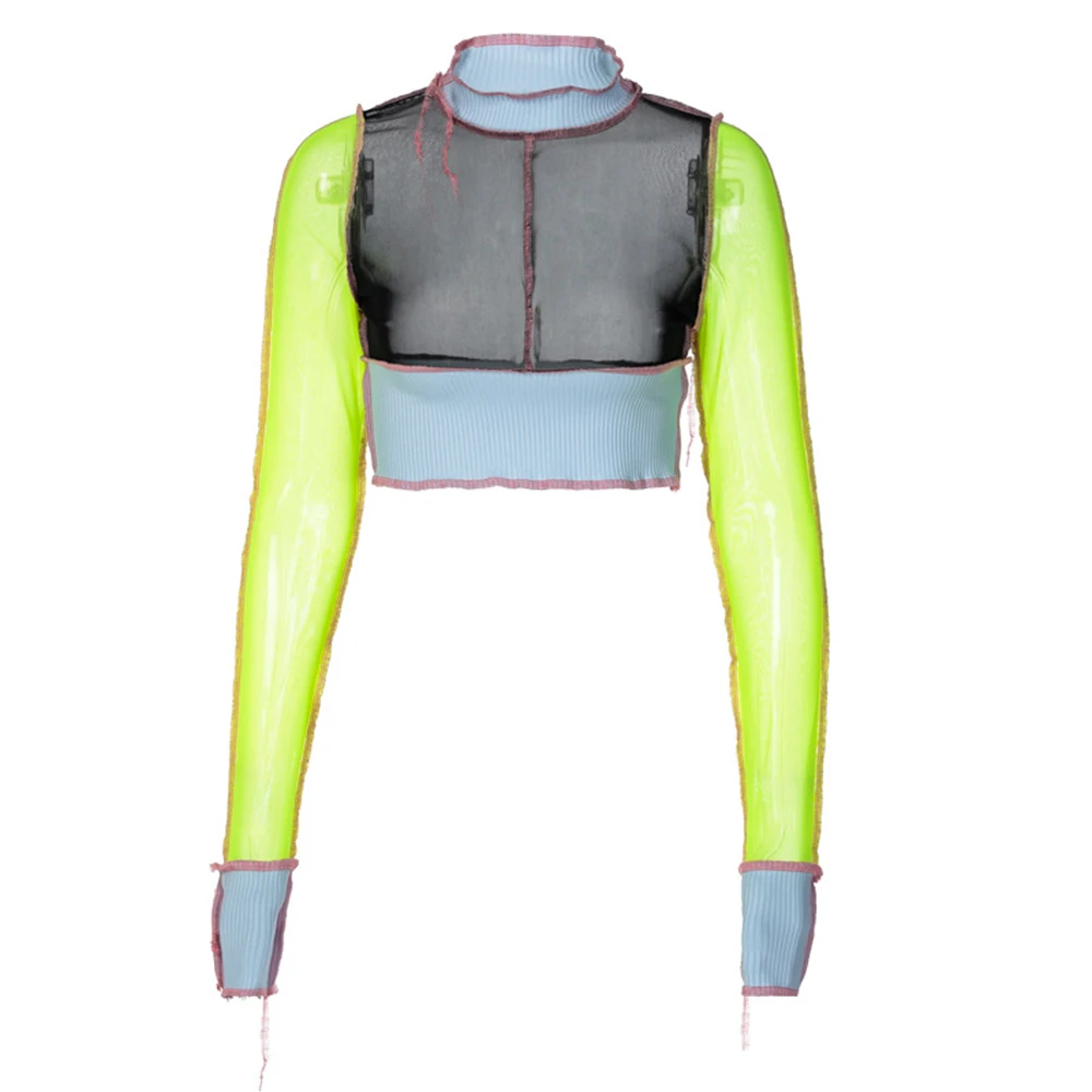 Y2K модный пэчворк стежка сетчатые кроп топы панк Стиль со стоячим воротником с