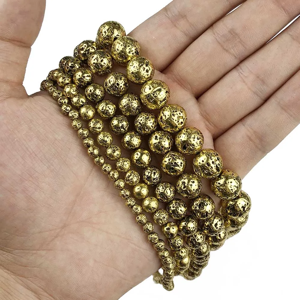 Old Gold Plated JHNBY серебряный, черный, серьги из розового золота с натуральным вулканического камня Hematit 4/6/8/10/12 мм круглые бусины для изготовления ювелирных изделий браслет и ожерелье ювелирных изделий DIY - Цвет: Old Gold Plated