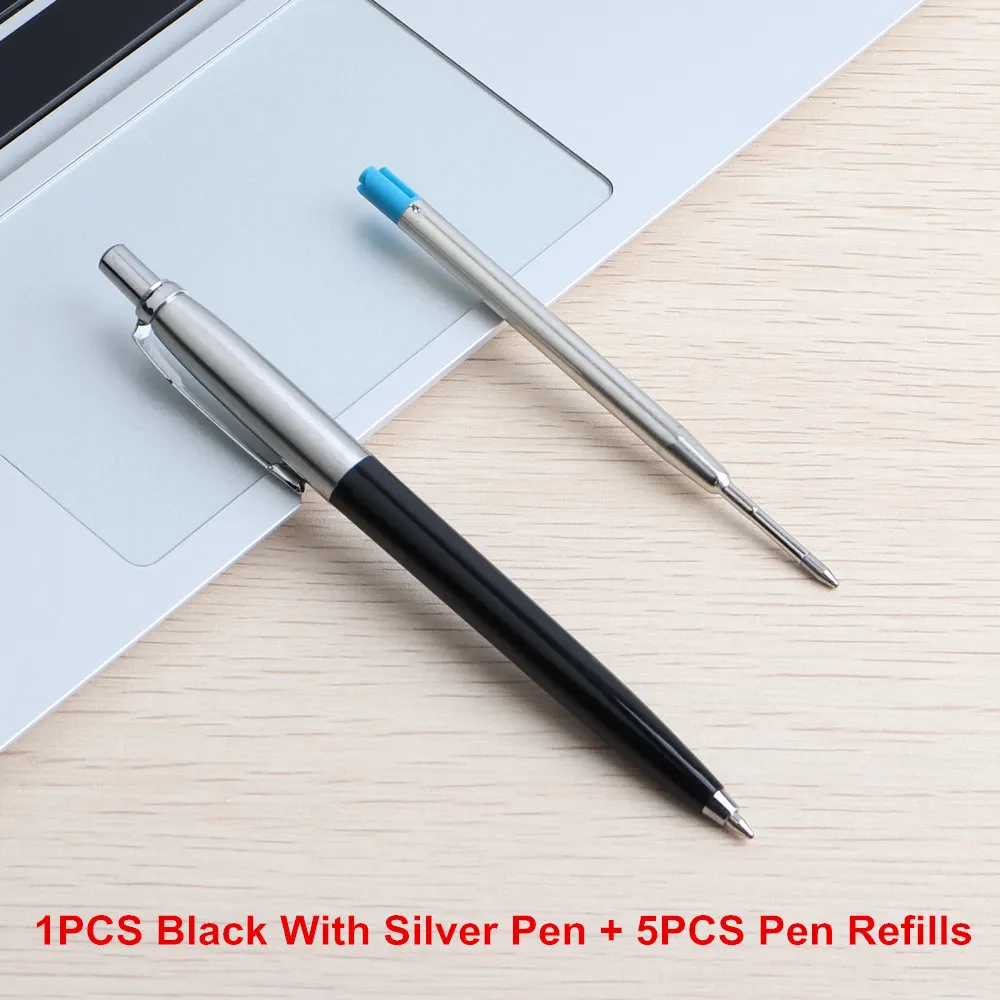 1Set Black Silver GENKKY металла Подарочная шариковая ручка ручки Core Solventborne автоматическая шариковая Ручки для школы Офис Написание 0,7 мм чернил цвет: черный, синий ручка шариковая - Цвет: 1Set Black Silver
