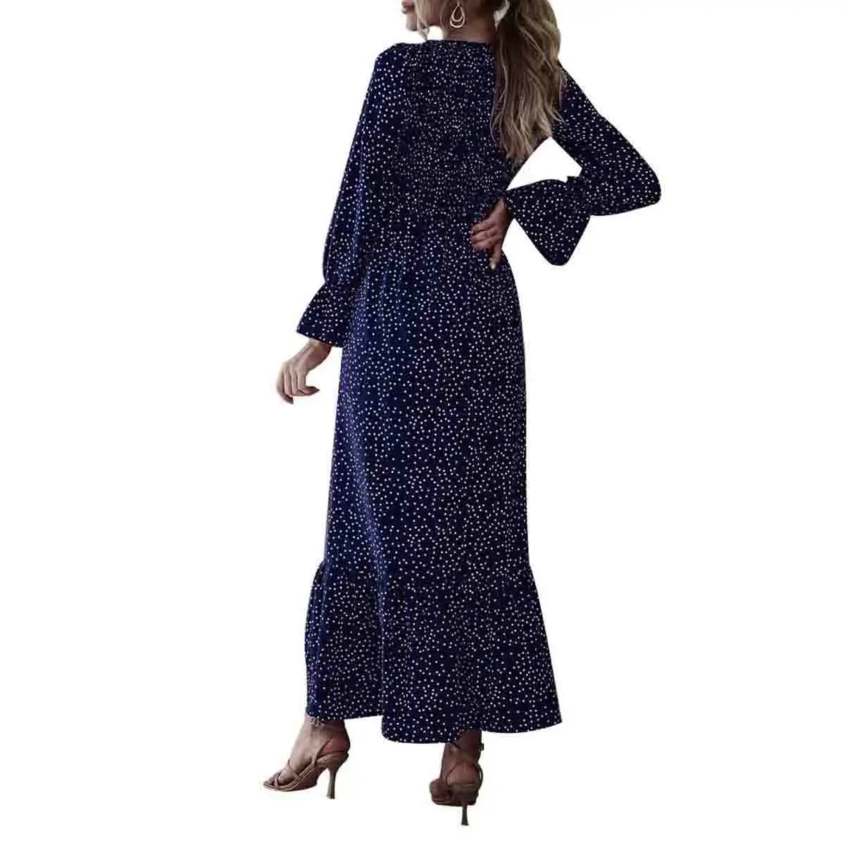 New Fashion Women Ladies Autumn Casual Loose Polka Dot/Floral Print Dress Female Puff Sleeve Mid-waist Long Black Red | Женская одежда