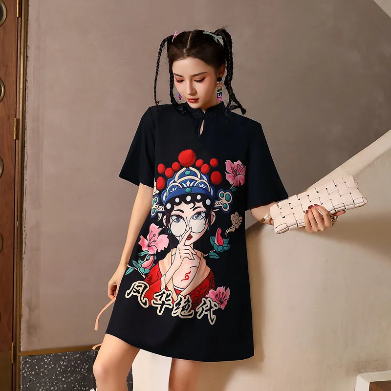 Женское винтажное мини платье с принтом Пекинской оперы свободное