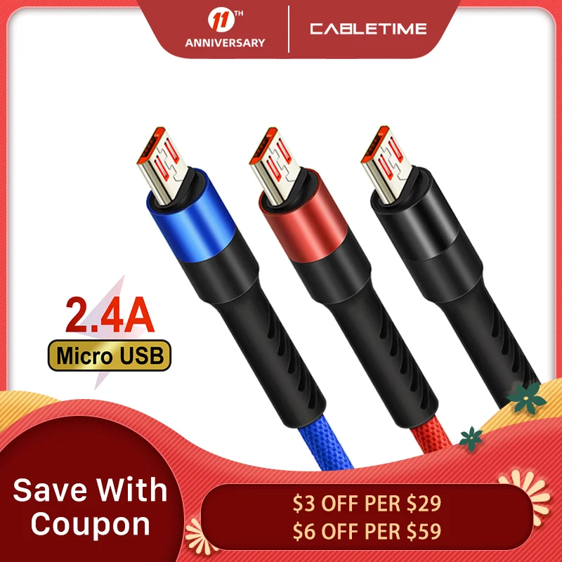 

Cabletime Micro USB Cable for Mobile Charger Cable nylon 2.4A Micro USB Cable Reversible Phone Cable for Samsung Xiaomi N238
