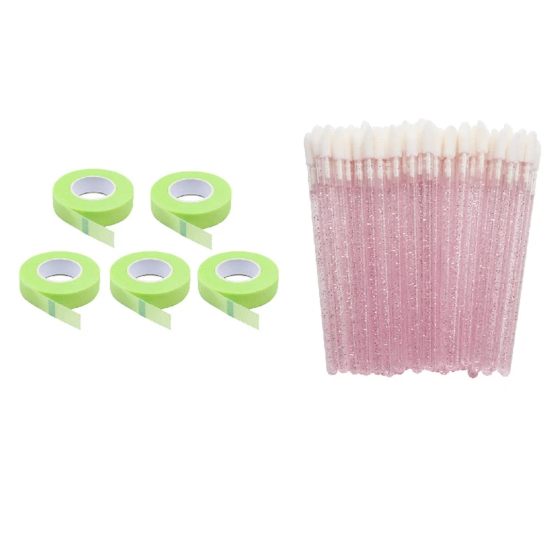 

5 Rolls Non-Woven Grafted Eyelash Isolation Tape Green & 200PCS Glitter Crystal Lip Brush, Disposable Lip Brushes (Pink)