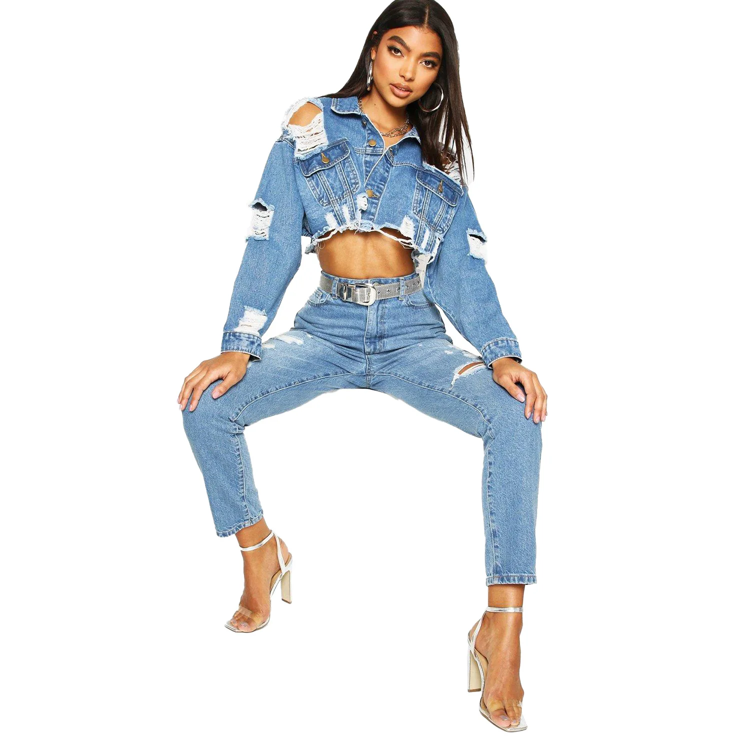 

New autumn American net red Fashion ripped denim coat women cowboy jacket