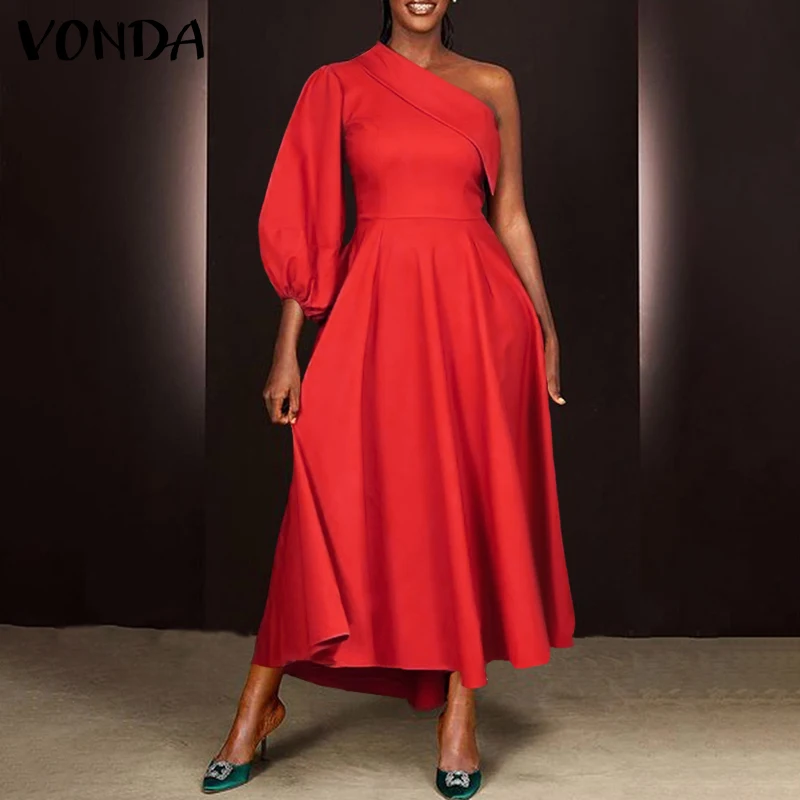

Loose Dress 2021 VONDA Women One Shoulder Puff Sleeve Maxi Long Dresses Casual Zipper Bohemian Vestido Oversized Party Robe