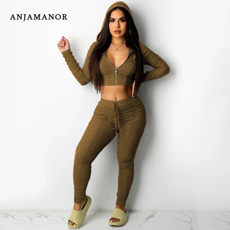 

ANJAMANOR 2 Piece Sweatsuits for Women Fall Winter Fashion Clothes Ruched Knitted Cropped Hoodie Pants Sets Sportswear D42-EA61
