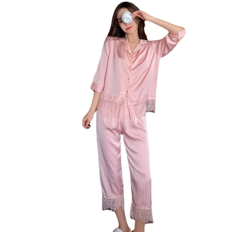 

Lace Patchwork Nightwear Casual Women Pajamas Set Satin Loungewear 2PCS Shirt&Pants Faux Silk Intimate Lingerie Sleepwear