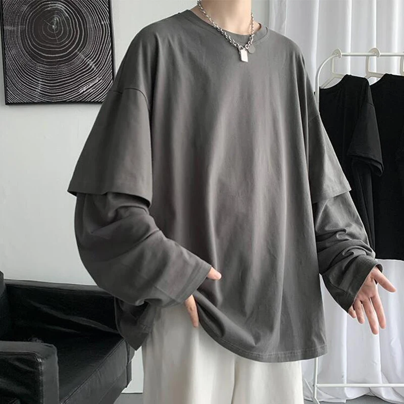 Футболка мужская оверсайз с длинным рукавом модная рубашка имитацией двух