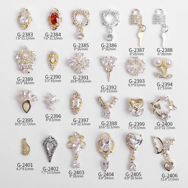 

1p Gold Silver Zircon Pearl Butterfly Heart Lock Pendant Chain 3D Alloy Nail Art Metal Manicure Nails DIY Accessories Decoration
